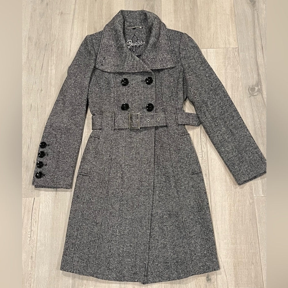 Guess Wool Blend Belted Coat Black White Tweed Double Breasted XS